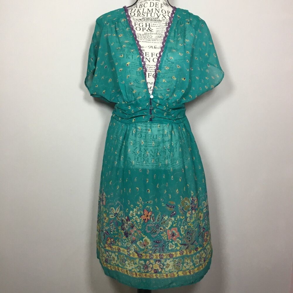 Green sheer coverup babydoll dress purple lace floral pattern short sleeve M